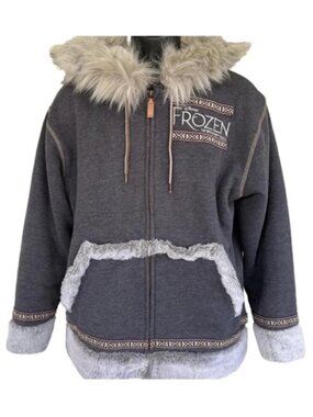 Disney Frozen Hooded Coat Gray Zip Up Jacket Faux Fur Trim Winter Outerwear